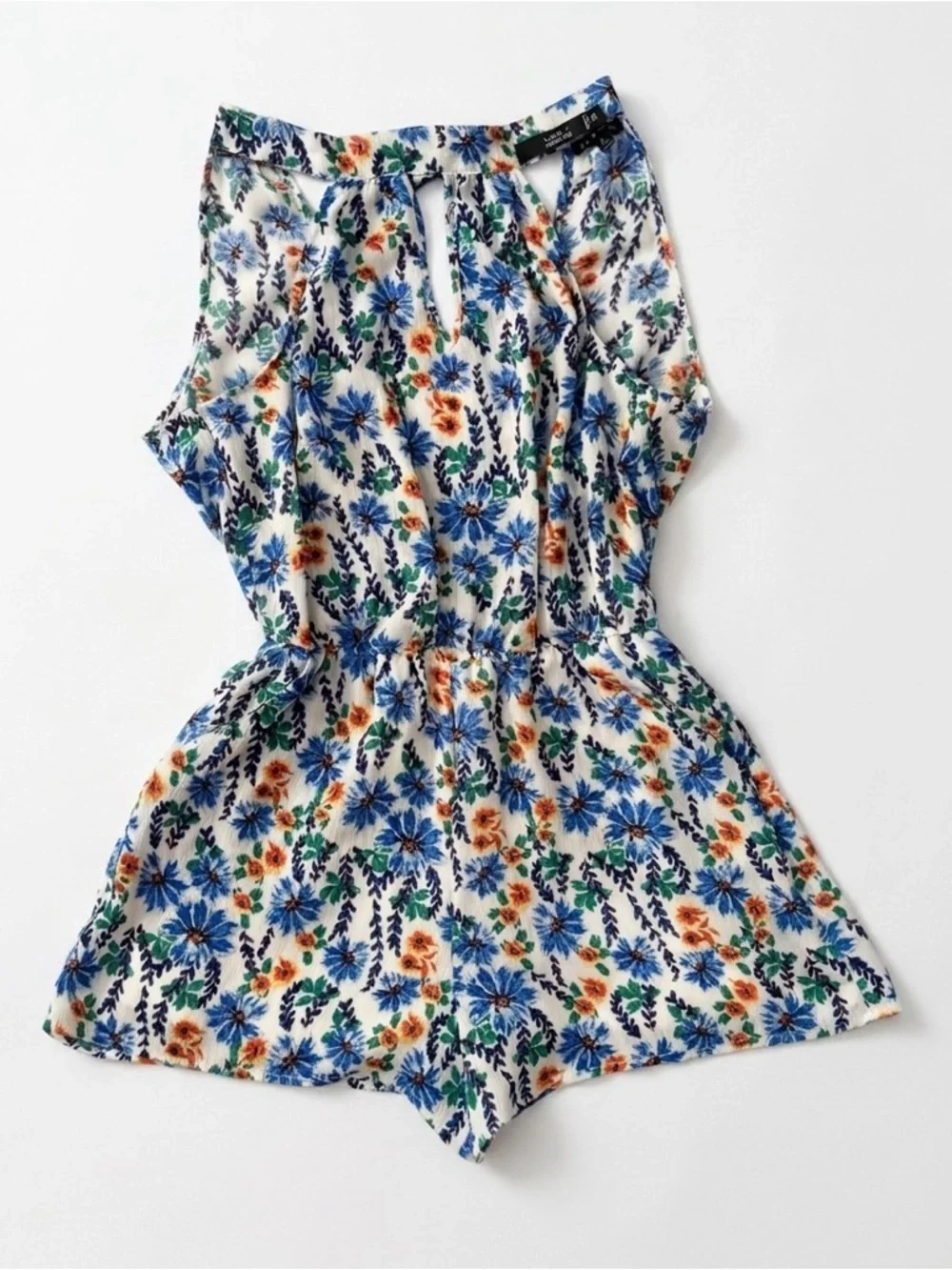 As U Wish White Floral Halter Romper with Blue & Green Print - Picture 2 of 11